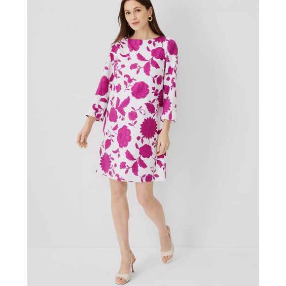 ANN TAYLOR Linen Blend Floral Shift Dress Large White Magenta 3/4 Sleeve Resort - Picture 1 of 15